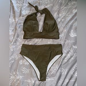 Halter High Waisted Bikini Set - Army Green
